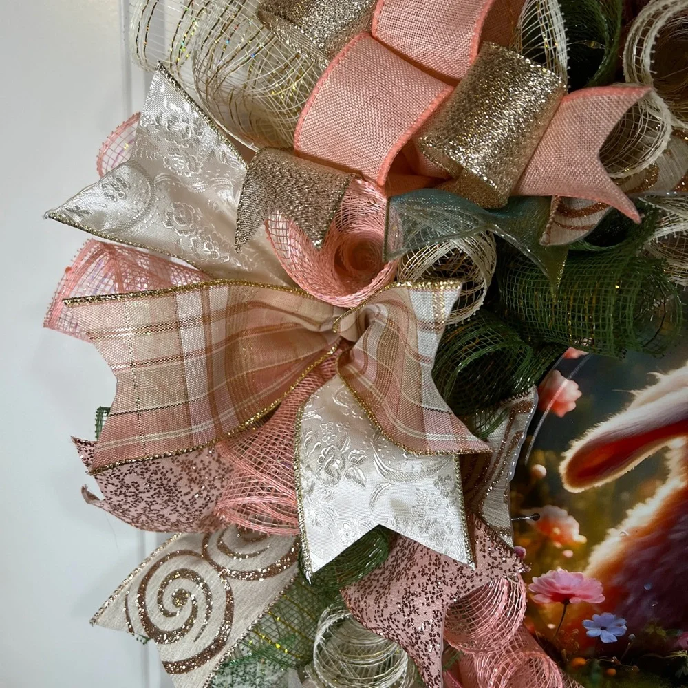 Handmade Floral Bunny Spring Prelit Ribbon Wreath 22 in LED W4